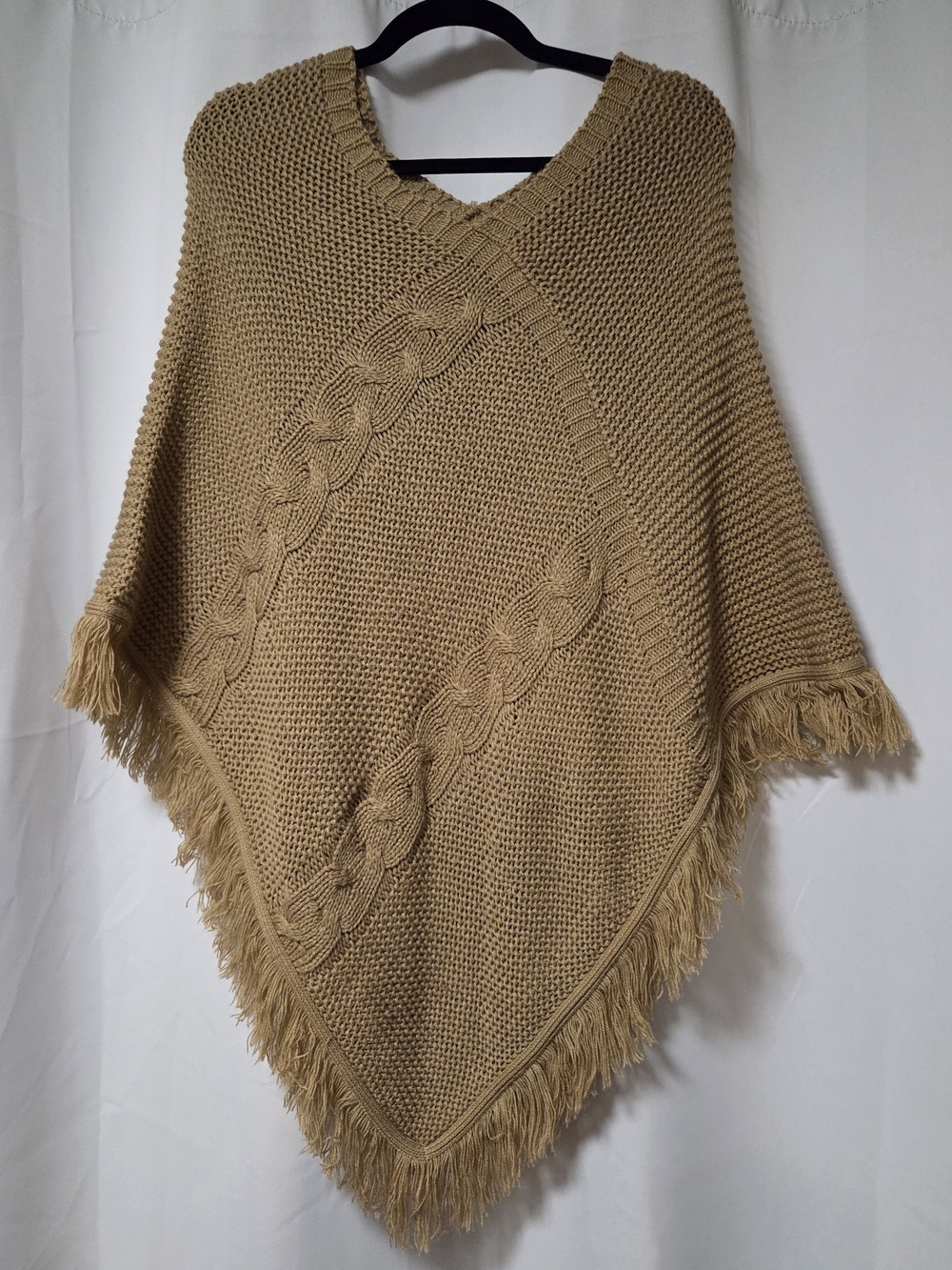 Le Château Cable Knit Fringe Poncho - Neutral Beige / Tan Boho Sweater